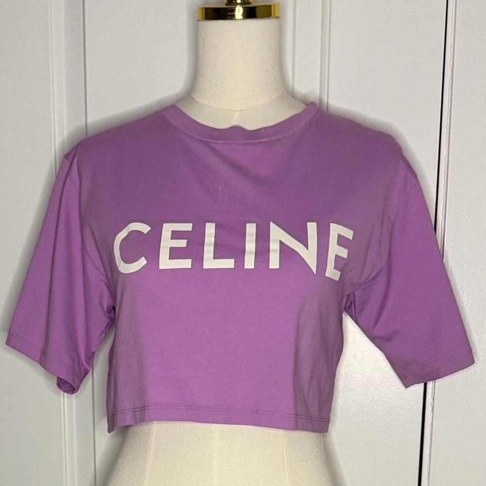 Celine Paris Logo Cropped T Shirt Lavender Purple Cotton Tee XS